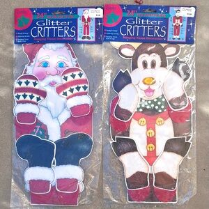 Vintage Glitter Critters 24" Santa & Reindeer Tissue Wall Hanging 90s Christmas